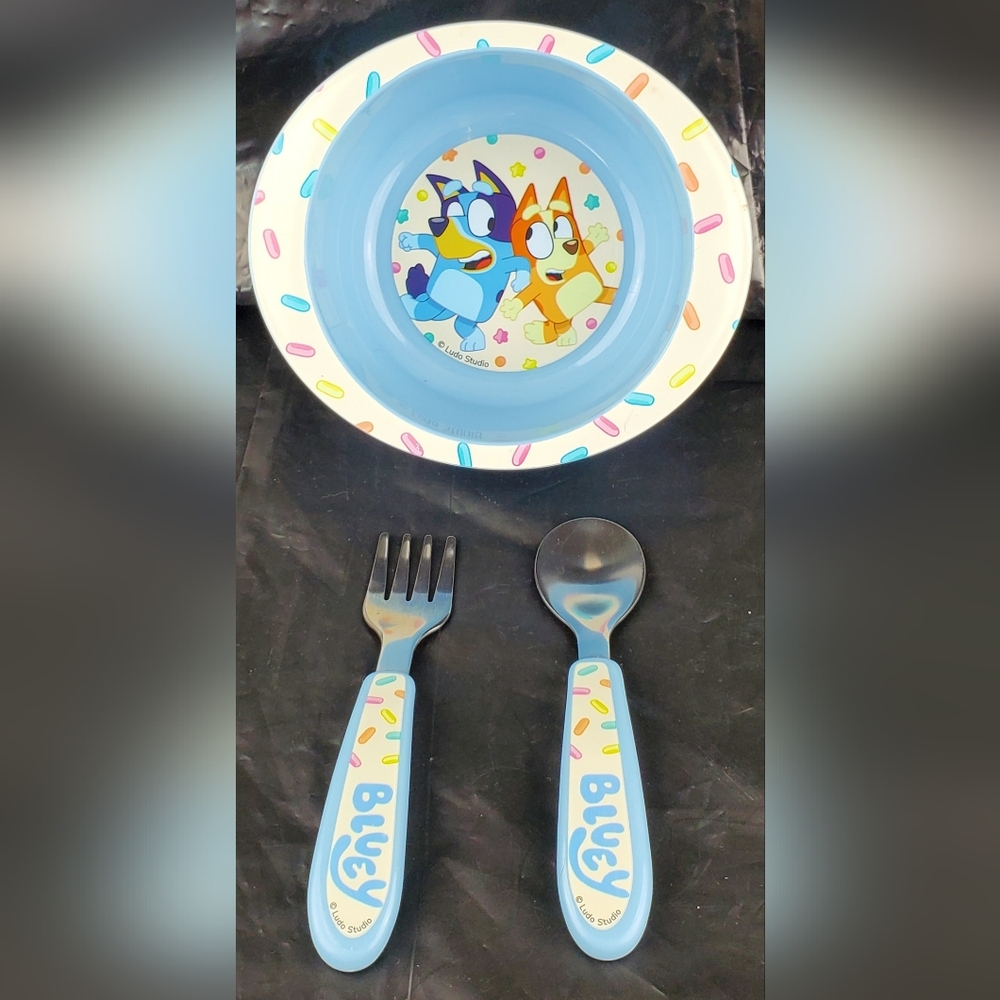 Learning Curve First Years Bluey 3-Piece Place Setting Bowl Spoon Fork - EUC